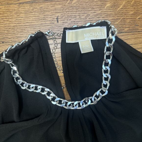 Michael Kors Black Halter Top Petite Medium Silver Chain Neckline - Picture 3 of 7